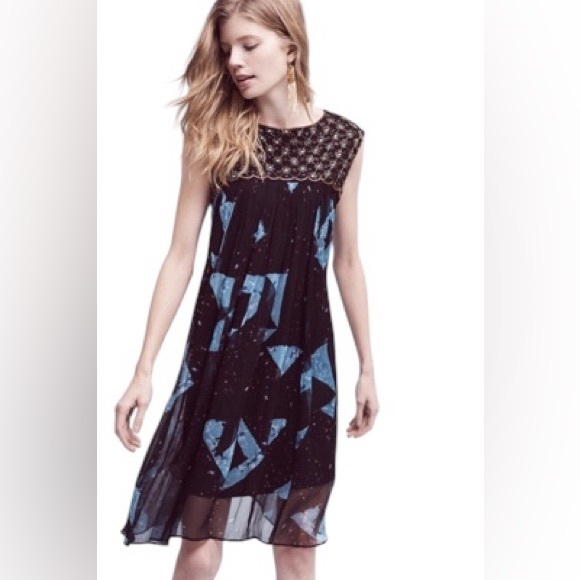 Anthropologie Moulinette Soeurs Lydia Black/Blue Geometric Swing Dress Size 4P